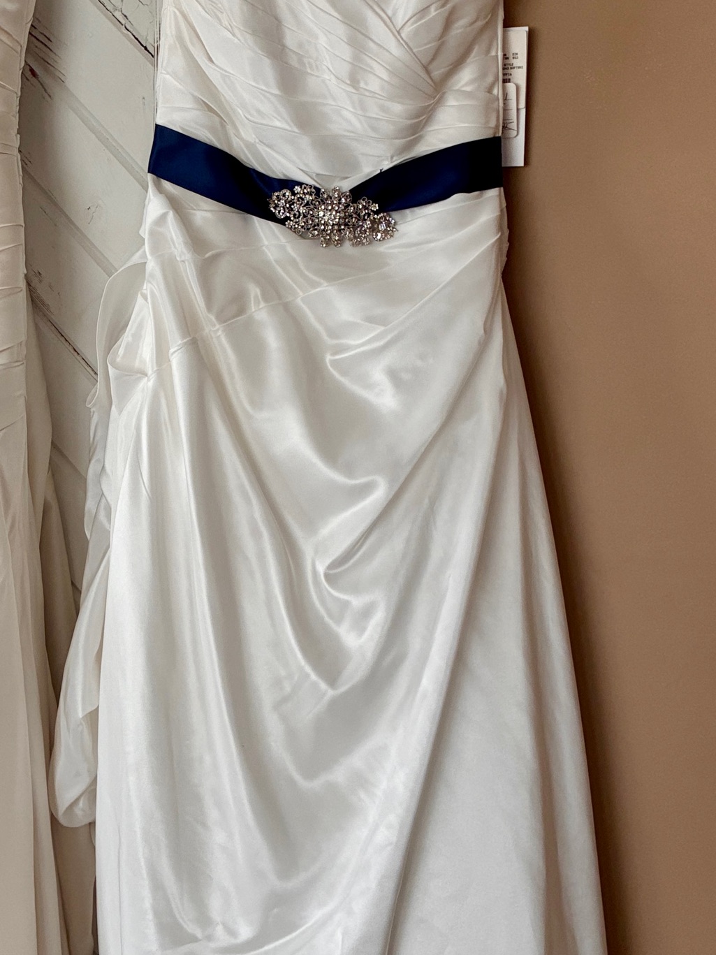 David's Bridal White Satin Wedding Dress With Navy Sash And Rhinestone Accent